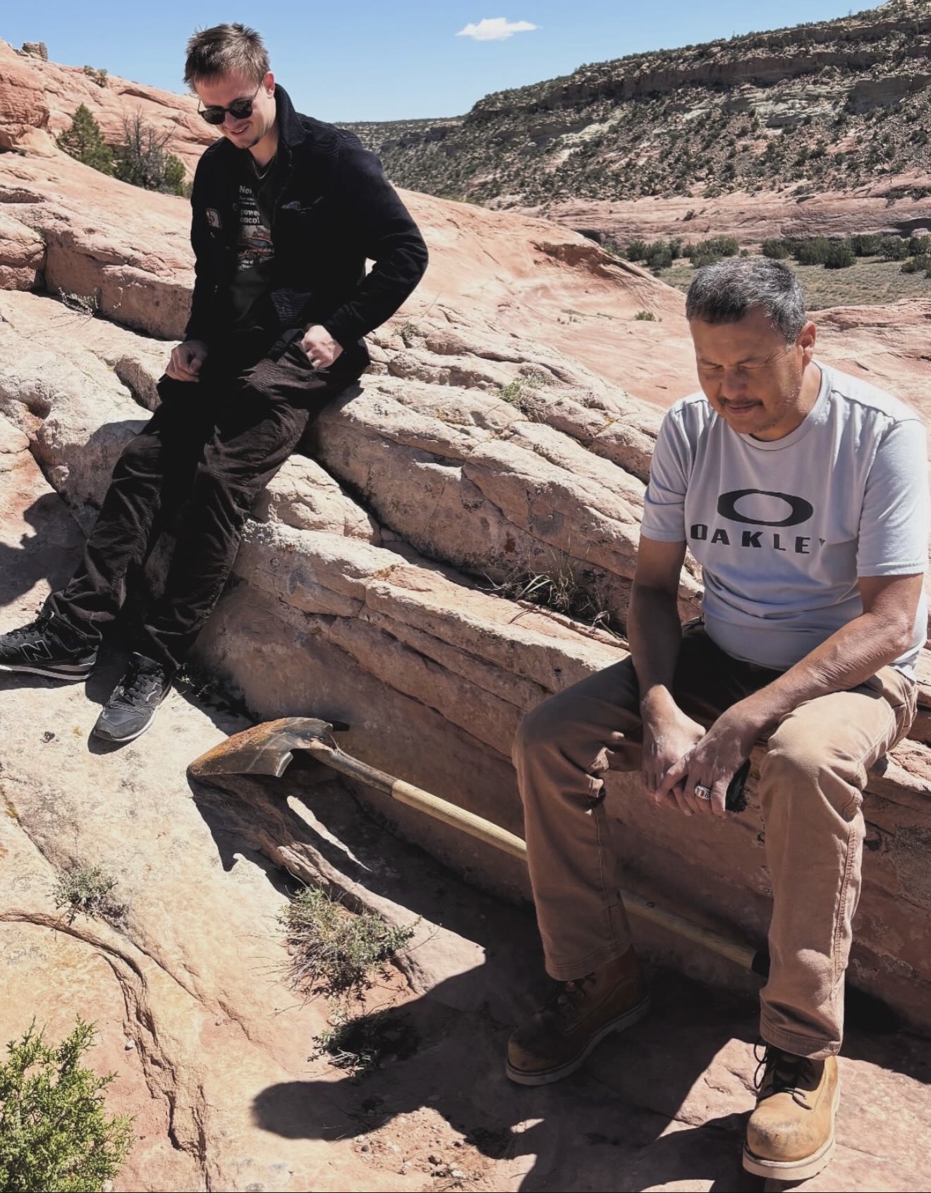 Charles Sublette with Alvin Yellowhorse above his workshop in Dinétah in 2026